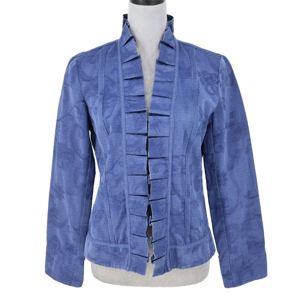 Chicos Jacket 0 Womens Small 4 Blue Cotton Blend Floral Brocade Open Ruffle Trim